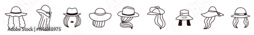 Fashion Woman Hair Silhouette Beauty Style. Nine silhouettes of women wearing and adjusting various stylish hats, showcasing elegance style in black and white vector illustration. 