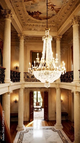 Elegant grand hall with a sparkling crystal chandelier and marble staircase