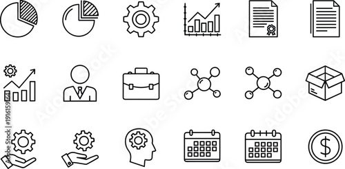Collection of icons representing various business and productivity concepts isolated on transparent background, Vector