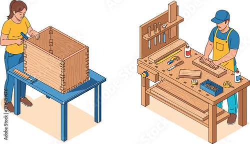 MobileCarpenters working in workshop, woman assembling wooden box, man at workbench with woodworking tools