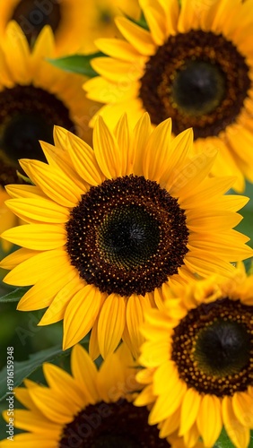 A close-up view of vibrant sunflowers with bright petals