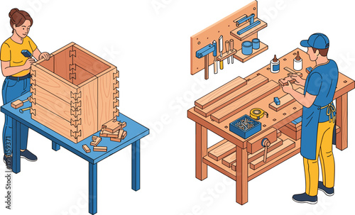 Woodworkers building wooden furniture in workshop, carpenters using hand tools, joinery and DIY woodworking,