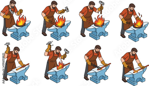 Isometric blacksmith working with anvil and fire, forging metal tools in traditional iron workshop,