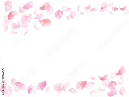 手描き　水彩 春の風に舞い散る桜の花びら 背景フレーム