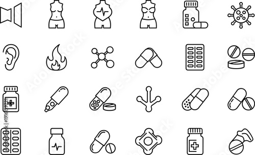 Collection of icons representing various medical and health-related items isolated on transparent background, Vector