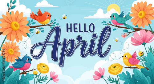 Hello April Springtime Illustration with Birds and Blooming Flowers