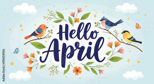 Welcome April Spring Scene with Flowers and Birds Illustration