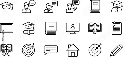 Collection of icons representing various aspects of education and learning activities isolated on transparent background, Vector