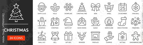 Collection of Christmas icons featuring festive symbols and decorations in a clean and simple design style