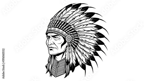 Native American Chief Wearing Traditional Feathered War Bonnet Headdress, Indigenous Tribal Leader Portrait