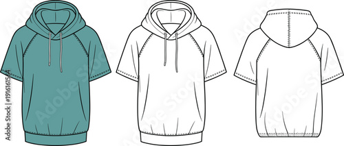 CAD drawing flat vector illustration of short sleeve hoodie with drawstring hood, front and back view, casual streetwear design