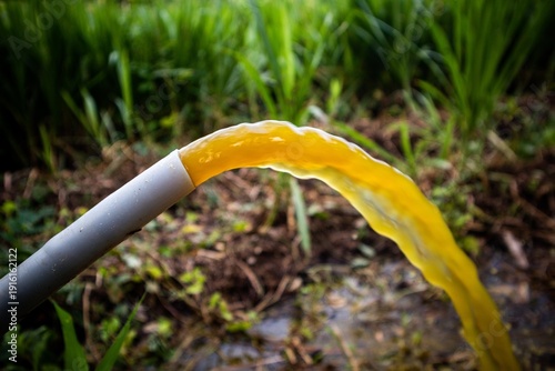 Fotografia Dirty brown water flowing out of a garden hose on the ground