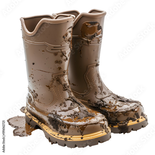 rubber boots with mud splashes isolated on pure white background 