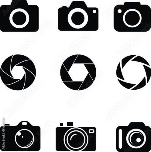 Modern vector photography icon set collection featuring various camera, lens, and aperture designs