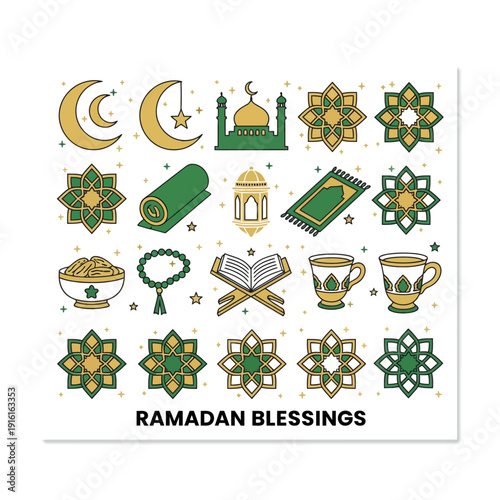 Collection of Islamic symbols and motifs for Ramadan celebration illustrations