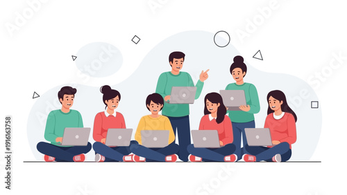 Diverse group of people learning together on laptops, collaborative education, modern classroom