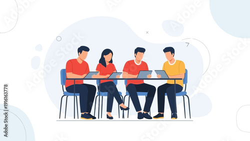 Diverse team collaborating on a project using tablets at a table