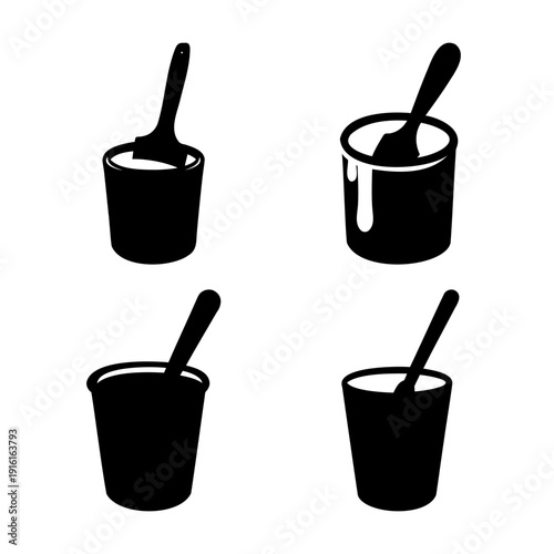 Illustrative set of black paint cans with brushes, ideal for artistic and diy designs