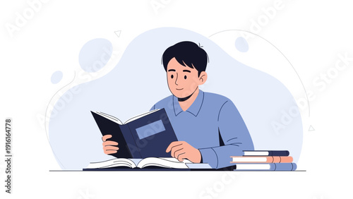 Young man reading a book at a desk with stacked books, illustration