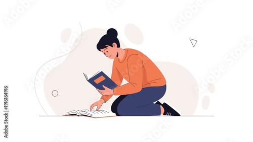 Young Woman Reading Book Kneeling, Studying or Learning