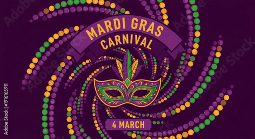 Mardi gras carnival celebration poster with colorful beads and mask on purple background for festive events