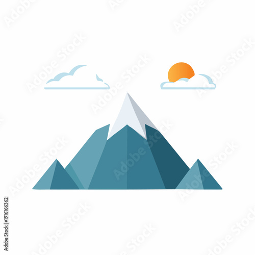 Stylized geometric vector illustration depicting majestic snow-capped mountain peaks under a bright sun and serene clouds, evoking a sense of adventure, natural beauty, and peaceful exploration