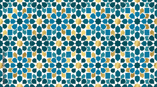 Seamless geometric pattern with teal, blue, and gold mosaic shapes on a white background, inspired by traditional Islamic art and arabesque designs.