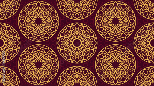 Seamless pattern of intricate golden Islamic geometric mandalas on a rich maroon background, showcasing traditional Middle Eastern decorative art.