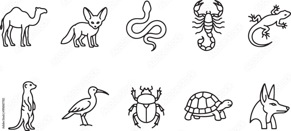 Obraz premium Safari Animal Line Icon Collection Including Lion Tiger Monkey Elephant Snake Crocodile Gorilla Parrot Leopard Deer Minimal Outline Set for Wildlife Nature and Education