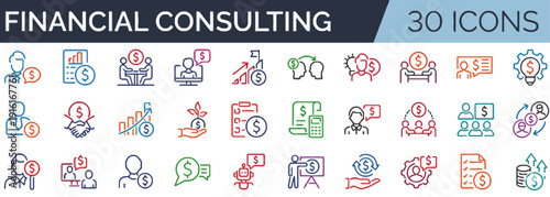 Collection of financial consulting icons representing various business and monetary concepts in a simple, colorful illustration style