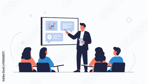 Business presentation with graphs on screen and attentive audience