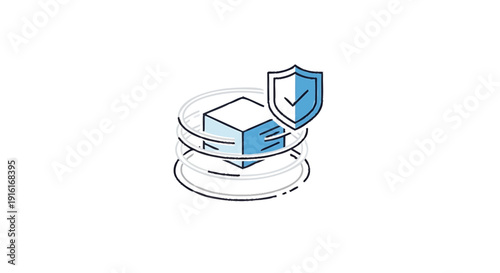 Secure 3D cube protected by shield and orbiting elements.