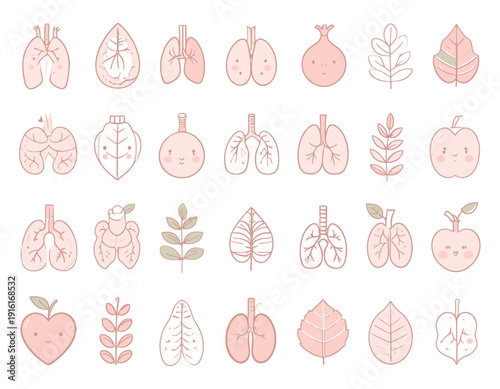 Set of human lungs and leaves illustrations in pink and beige.