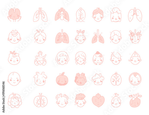 Collection of cute stylized human organs and baby faces in simple line art illustrations, rendered in a soft peach color on a white background.