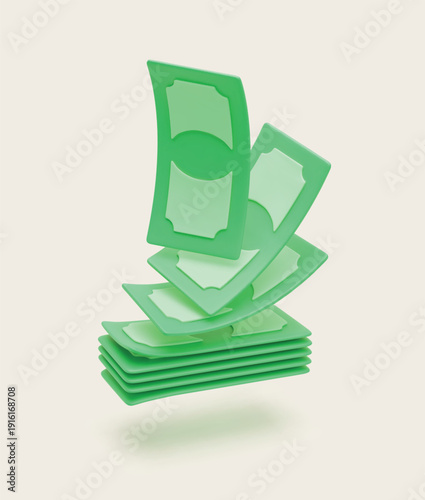 3D green banknotes falling to bundle. Realistic stack of money. Vector paper currency sign of finance, earning and wage. Paper money cash payment concept. Money management and financial saving icon.