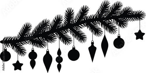 Black Silhouette of a Christmas Pine Branch Decorated with Hanging Baubles and Star Ornaments Isolated on a Plain White Background (21 words)
