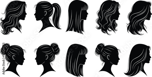 Black silhouettes of women's hairstyles in profile view Keywords: women, hairstyles, hair, silhouette, profile, long hair, short