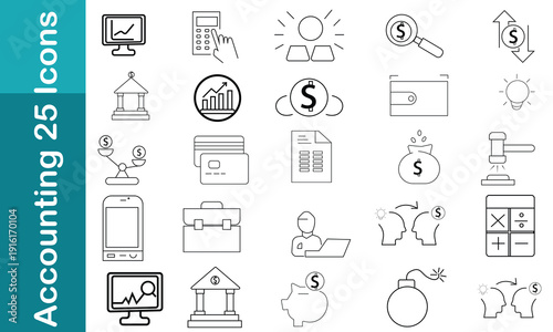 Set of 25line icons related to accounting, taxes, audit, earnings, finance company, Editable stroke. Contains such icons as calculator,  Vector illustration. 