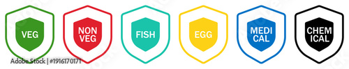 Shield Label Icons Set – Veg Non-Veg Fish Egg Medical Chemical Category Badges
