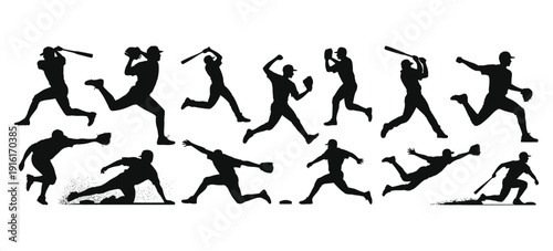Collection of Stylized Black Silhouettes Baseball Play, Including Batting, Fielding, Running, and Pitching.