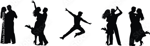 Silhouettes Of Couples Dancing And A Man Jumping On A White Background woman