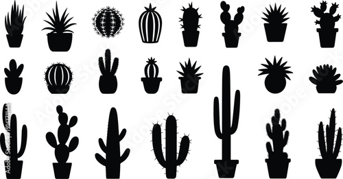 Collection of Various Cactus Silhouettes in Pots and Desert Style Succulents Isolated on White Background for Minimalist Interior Home Decor Design (22 words)