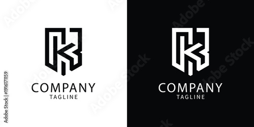 Modern shield emblem design featuring the letter K with stylized lines and a company slogan below it with two background options