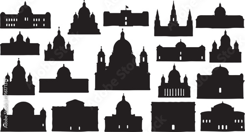 Industrial factory warehouse and building icons set, modern architecture silhouette template, real estate construction symbols cad drawing flat vector illustration