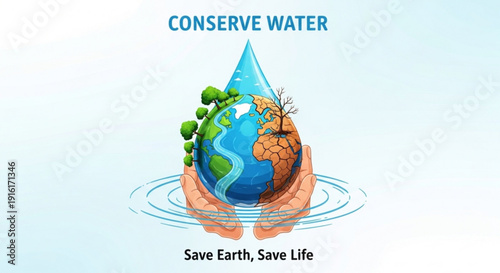 Hands cradling earth with water droplet conserve water message save planet