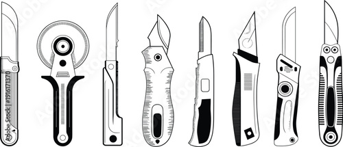 Collection of Professional Utility Knife and Rotary Cutter Tool Illustrations in Black and White Outline for Construction and Crafting Design (21 words)