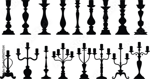 Collection of Vintage Candlestick and Ornate Candelabra Silhouettes Set in Black Isolated on White Background for Elegant Interior Decor and Design (21 words)