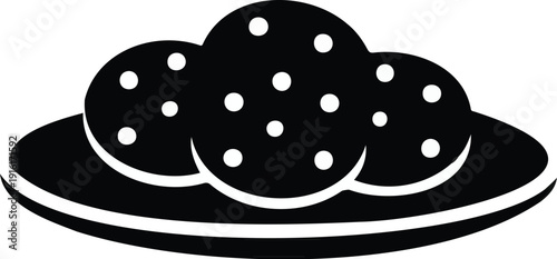 Chocolate chip cookies on a plate icon silhouette, sweet biscuit snack vector illustration isolated on white.