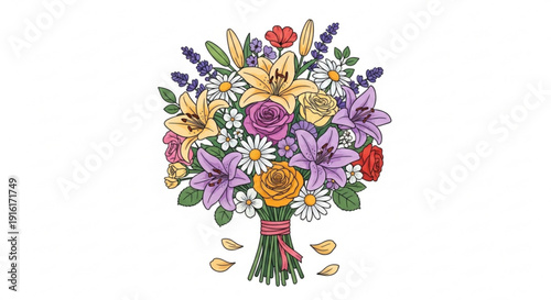 Vibrant bouquet of assorted flowers with purple yellow and orange blooms tied with pink ribbon on white background