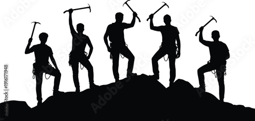 Group of Mountain Climbers Silhouettes Standing on Top of a Peak Holding Ice Axes Celebrating Successful Summit Achievement at Sunrise (21 words)